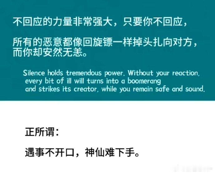 不回应的力量非常强大，只要你不回应，所有的恶意都像回旋镖一样掉头扎向对方。 