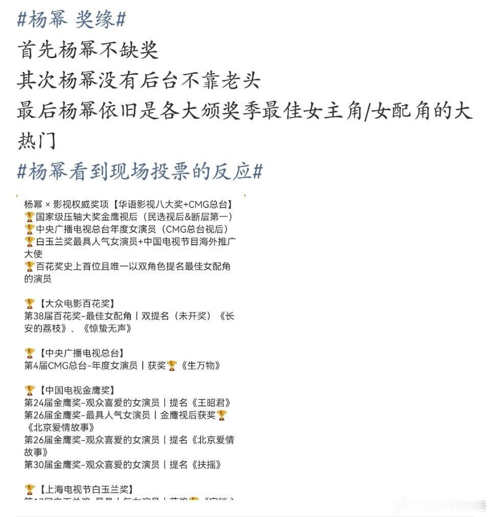 杨幂 奖缘不缺奖粉丝就不要在热搜哭啊，没获奖只会给别人造黄谣，人家萨日娜一大把年