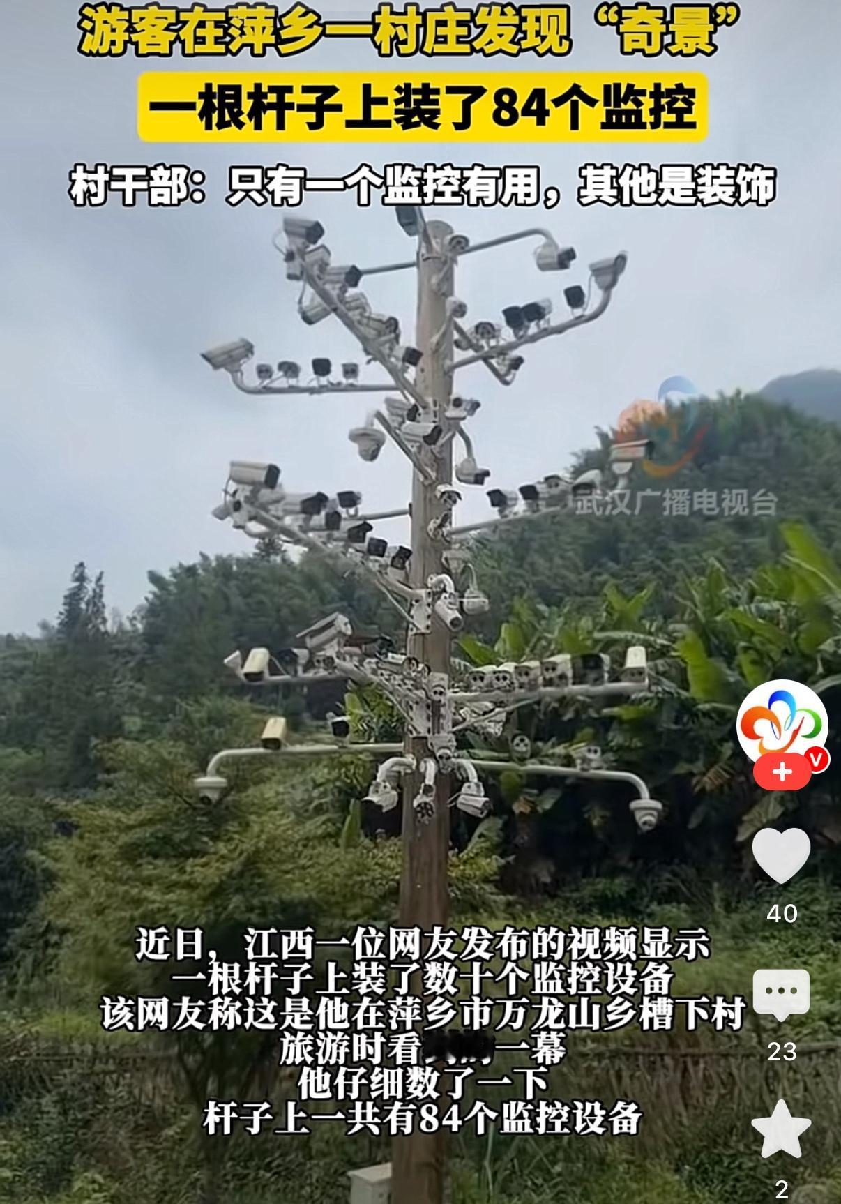 江西老表是真有钱、真奢侈，一根电线杆上装84个摄像头，开过去如同“监控树”。
