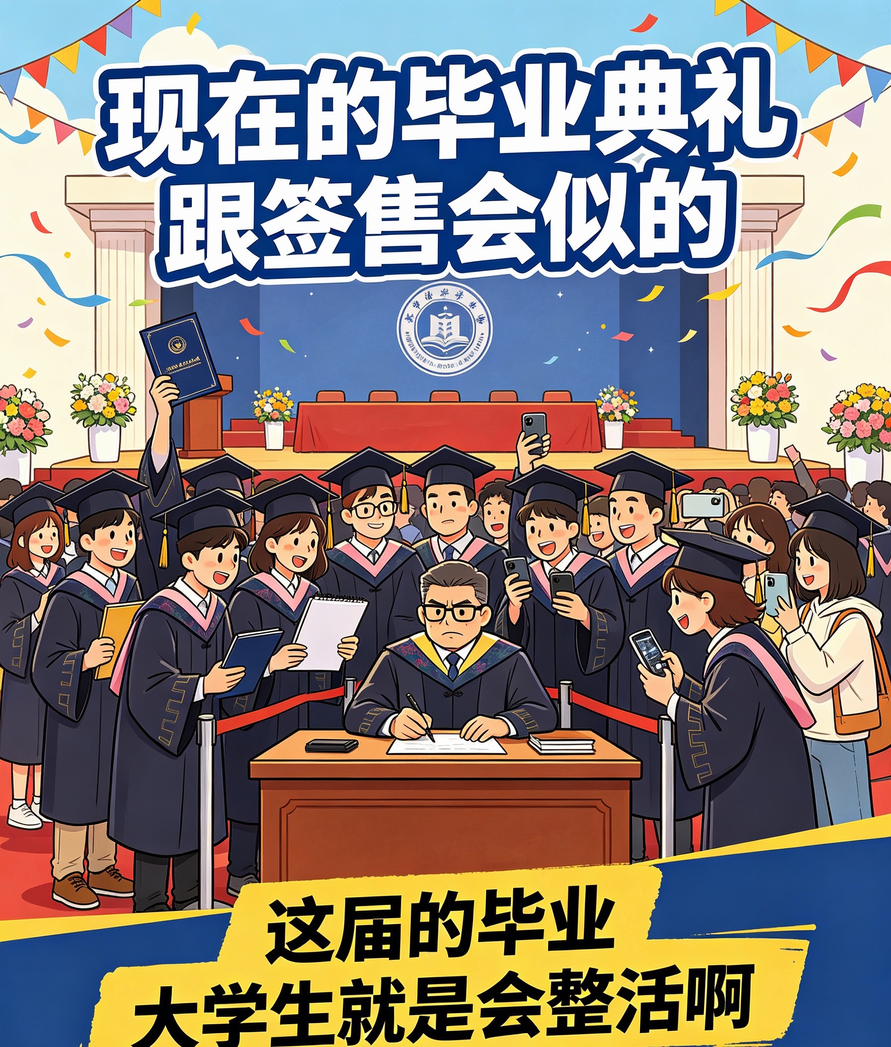 现在的毕业典礼跟签售会似的本该庄重的毕业仪式彻底玩出新花样，毕业生排队找导师、同
