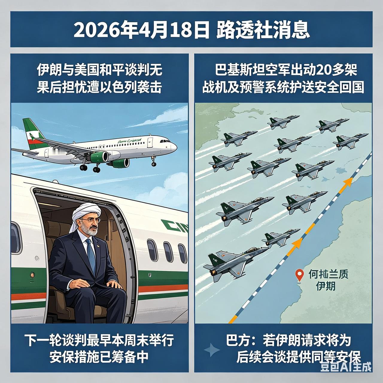 美伊谈判破裂，伊朗代表遭安全威胁！巴铁出动20架战机，全程霸气护航
 
2026