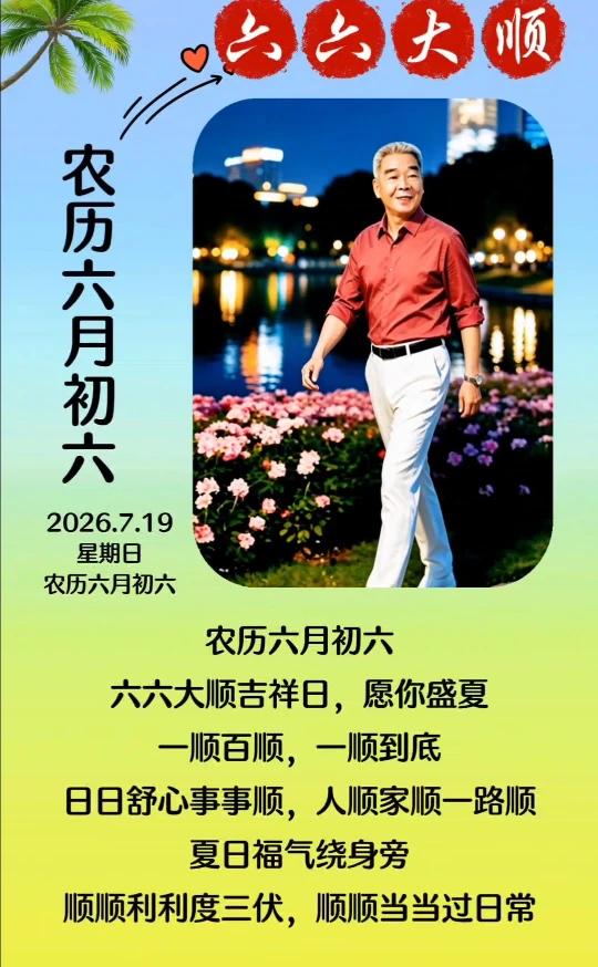 六六大顺。
农历六月初六，星期日。六六大顺吉祥日，愿你盛夏一顺百顺，一顺到底。日