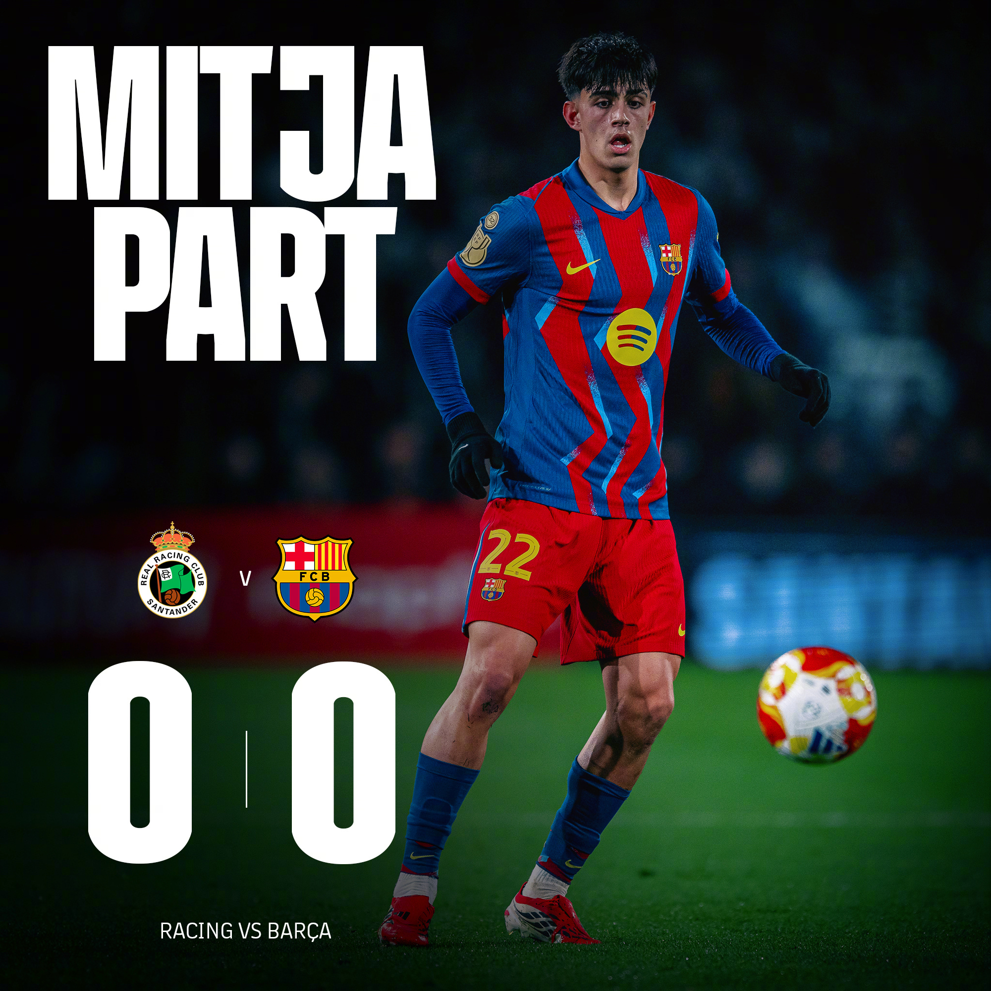 桑坦德vs巴萨上半场比赛结束。巴萨上半场控制着球权，但是没有创造出太好的得分机会