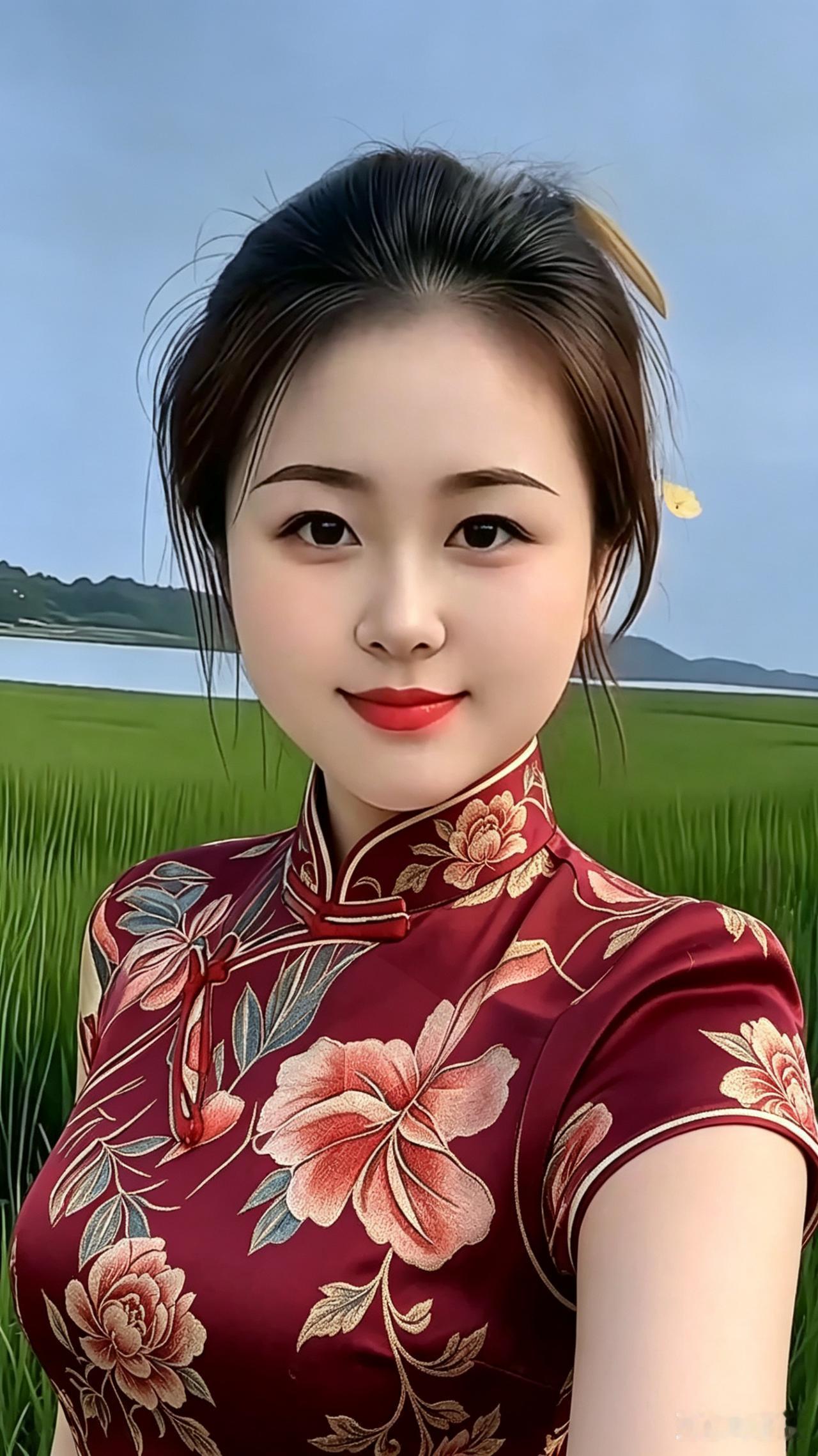 酒红旗袍衬稻田，东方韵味天然成
她身着酒红色缠枝莲旗袍，刹那间将东方女子的温婉韵