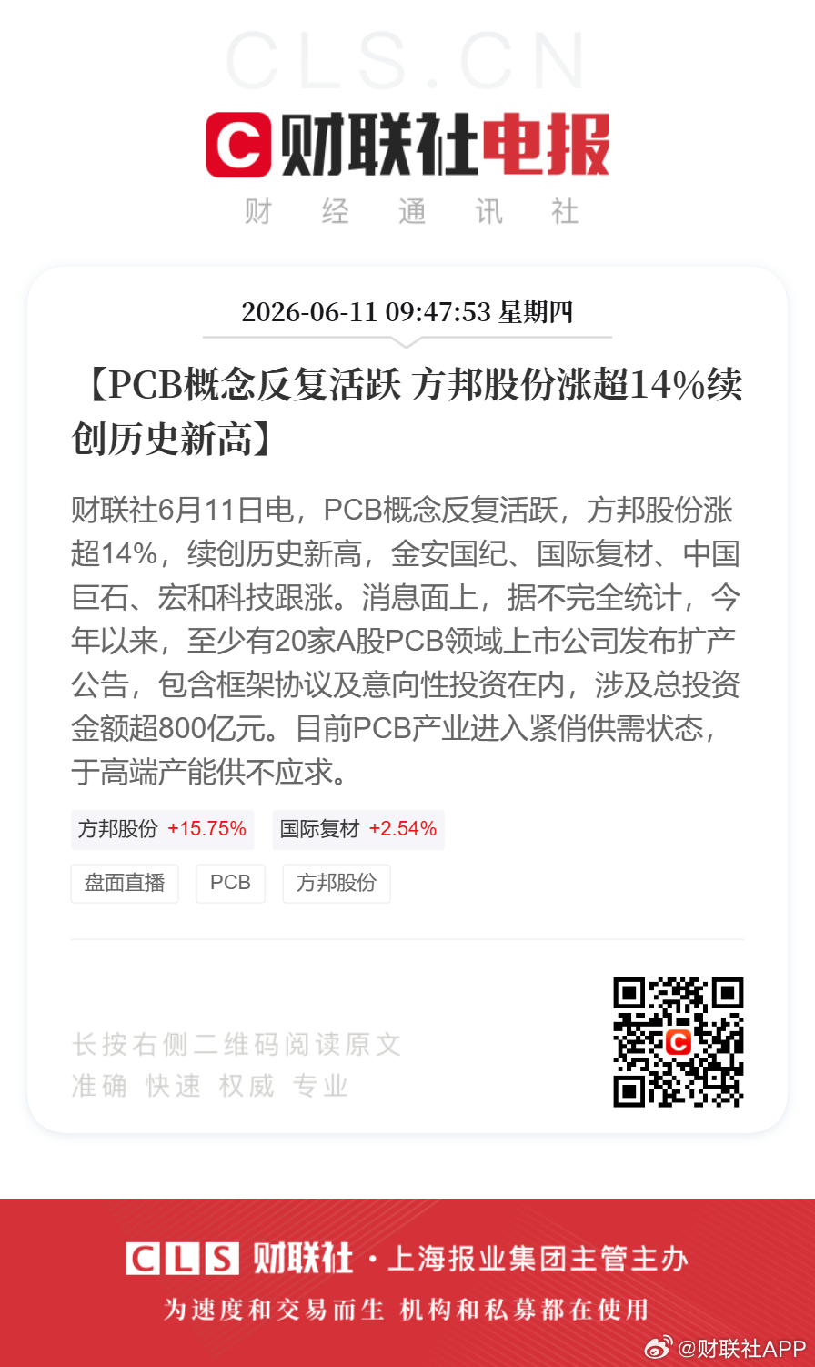 PCB概念再度活跃【PCB概念反复活跃 方邦股份涨超14%续创历史新高】财联社6