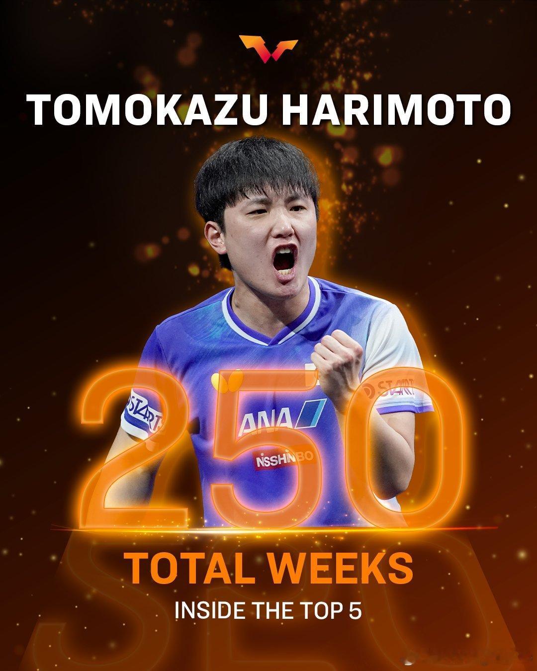 张本智和 累计2⃣️5⃣️0️⃣周位列世界排名前5弗朗西斯卡 累计3⃣️0️⃣0