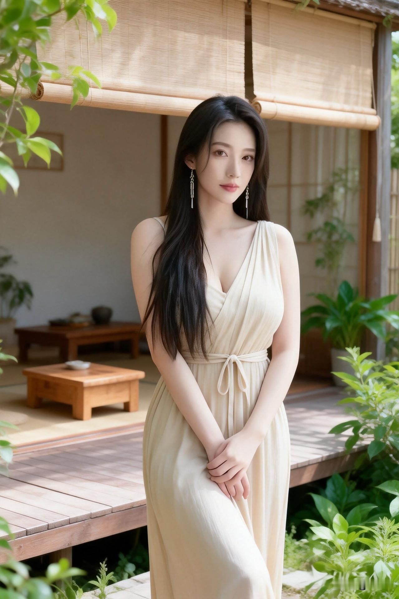 绿意盎然中，佳人倚栏立。