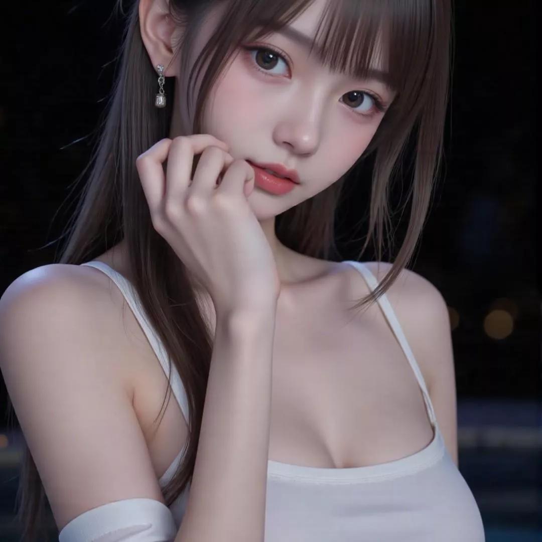 夜色中，温柔少女，指尖轻触脸颊，梦幻般的美。