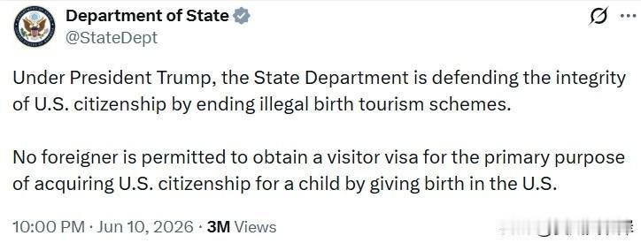美国国务院 ：
 
在川普总统的领导下，美国国务院正通过终止非法生育旅游项目，维
