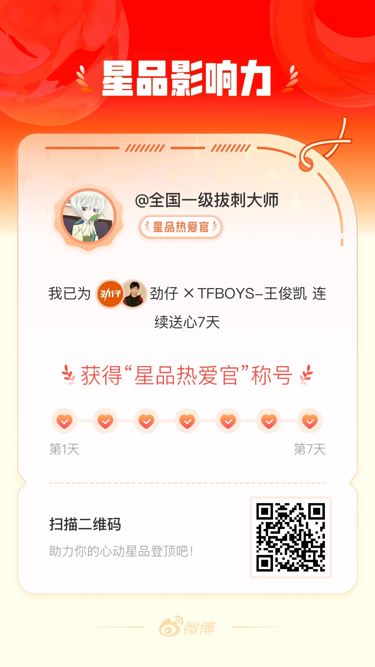 我在星品影响力上为 X 连续送心7天，获得“星品热爱官”称号！快来一起pick你