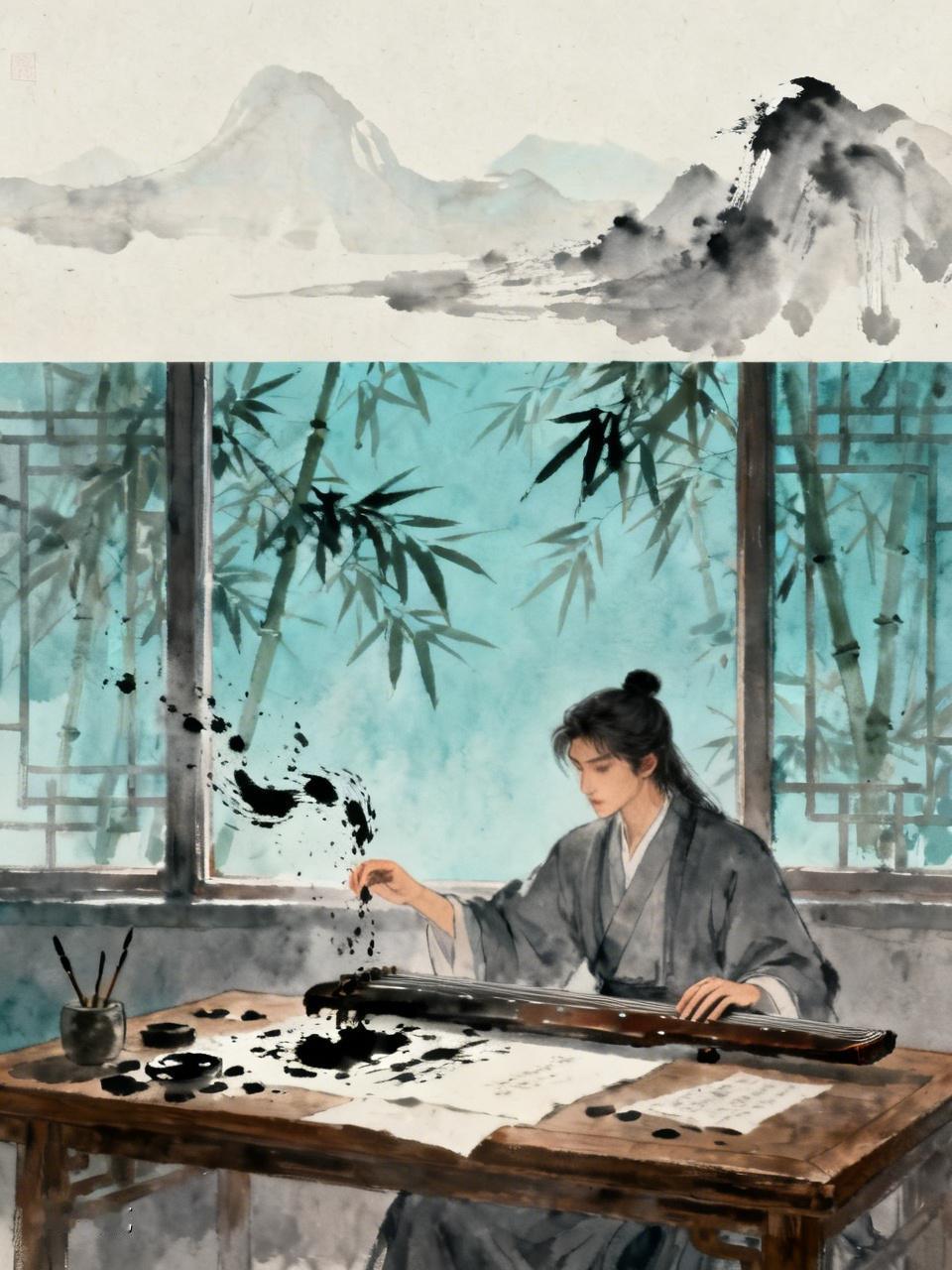 上联：泼墨留诗意，
           下联：抚琴寄远音。
