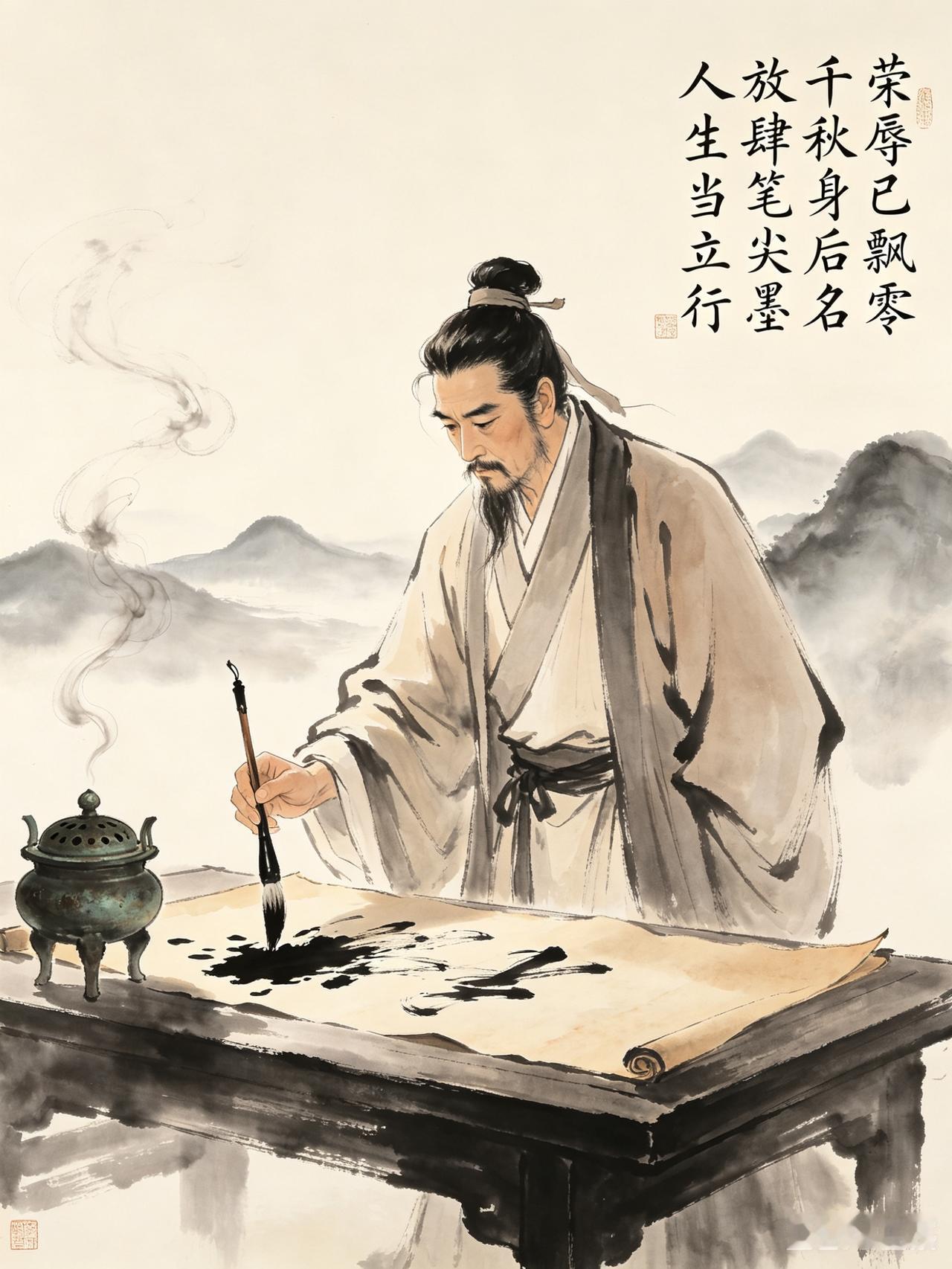 我让豆包和ChatGPT 根据我写的文字生成图片：
荣辱已飘零
千秋身后名
放肆