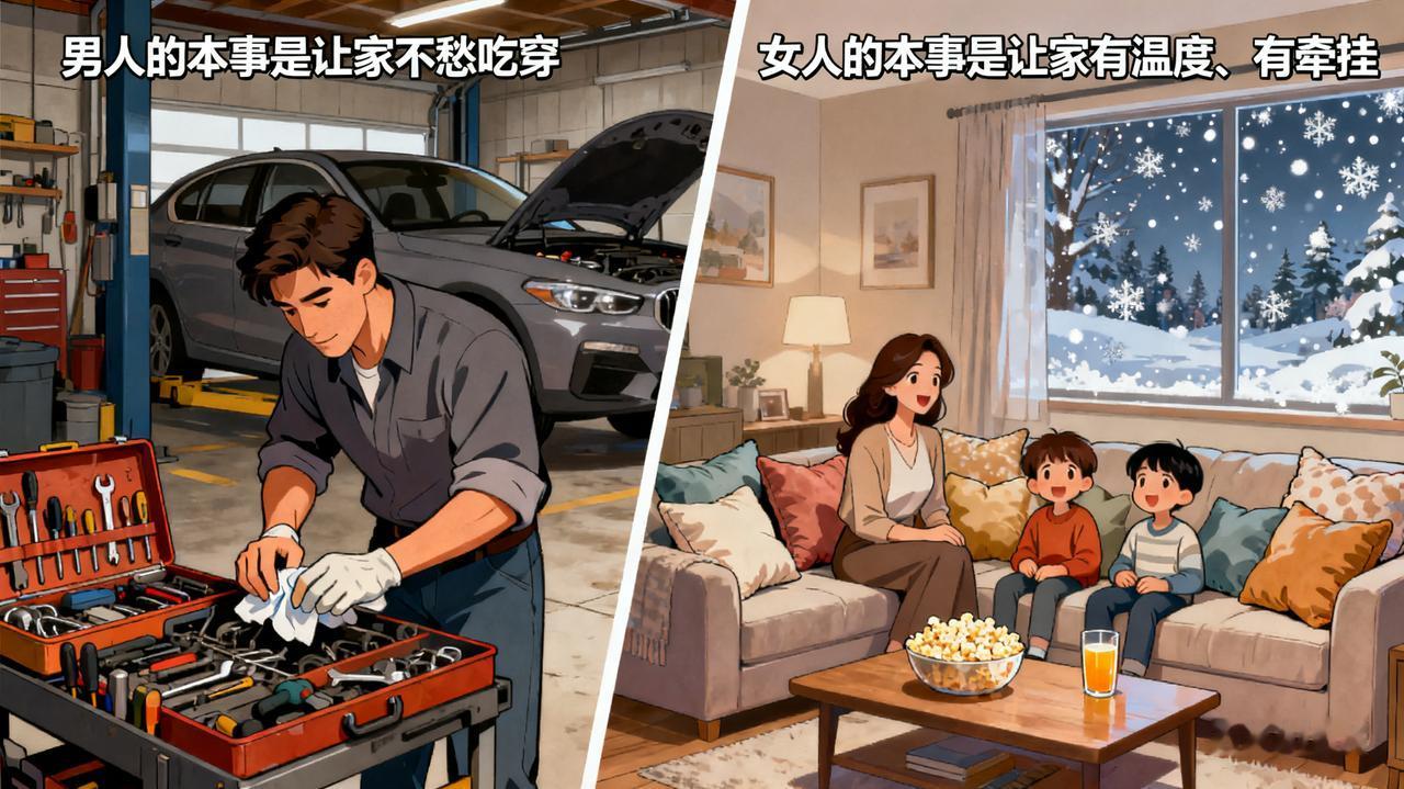 男人的本事，
是让家不愁吃穿；
女人的本事，
是让家有温度、有牵挂。
 
家的安