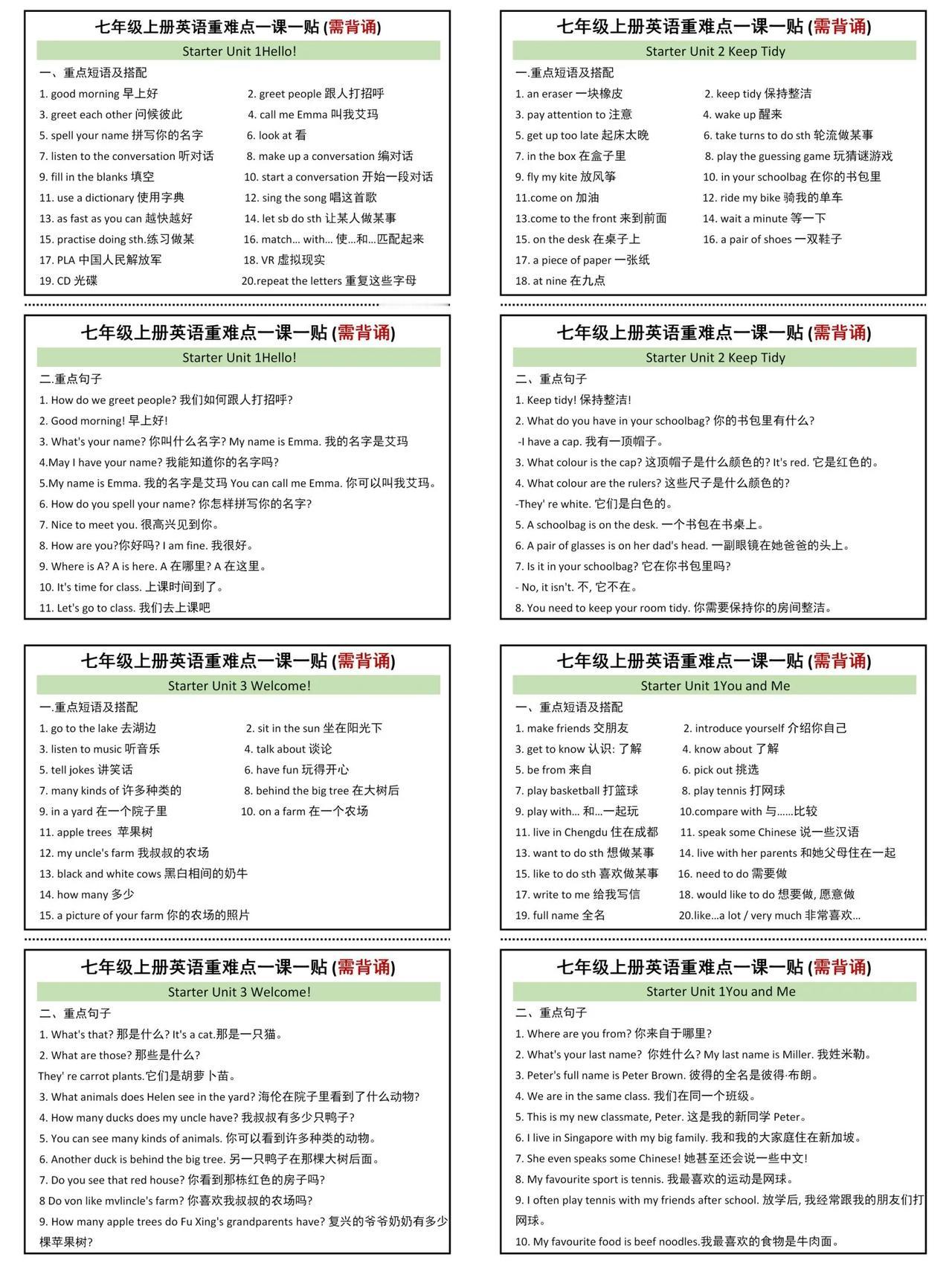 七上英语重难点一课一练(需背诵)，老师今天整理了七上新版每课重难点：
大家打印出