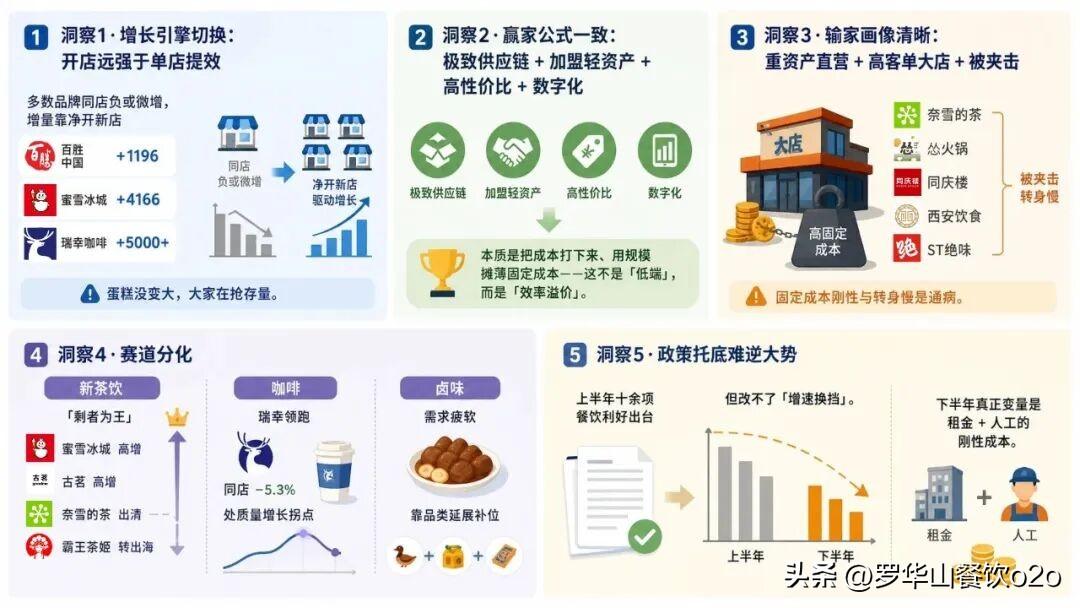 五大核心洞察
洞察1·增长引擎切换：开店远强于单店提效。多数品牌同店负或微增，增