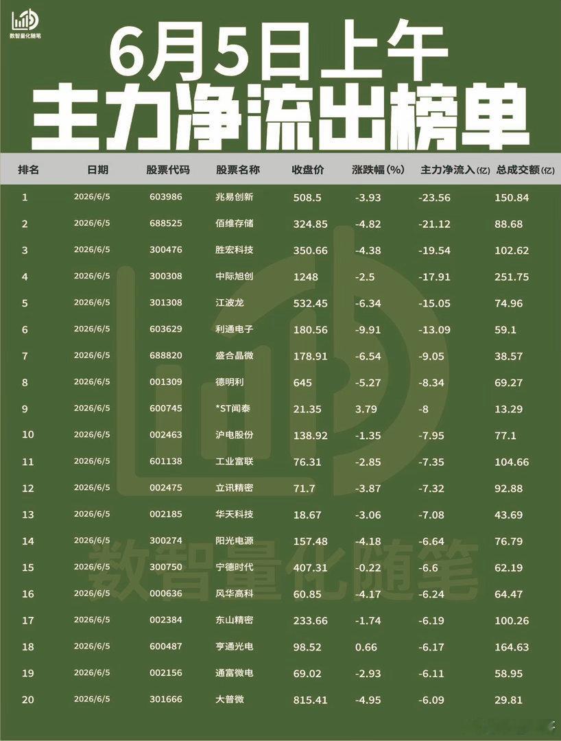 【6月5日上午主力净流入流出榜单出炉🔥】: 今日上午主力资金从存储芯片、光模块