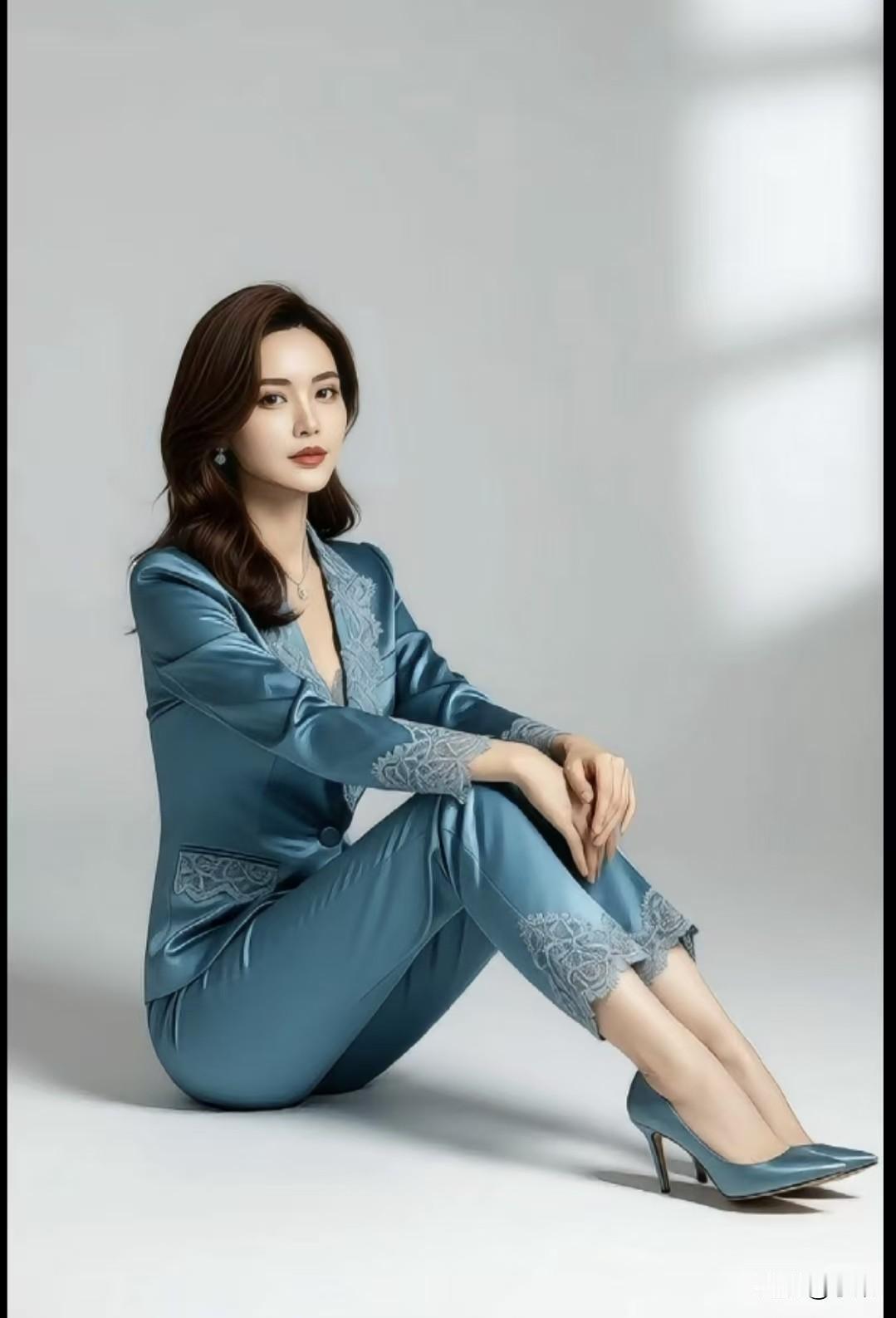 《湖蓝绮影》
湖蓝裁作绮罗裳，
暗缀蕾丝半带香。
玉面凝光含静气，
柔波漾影衬清