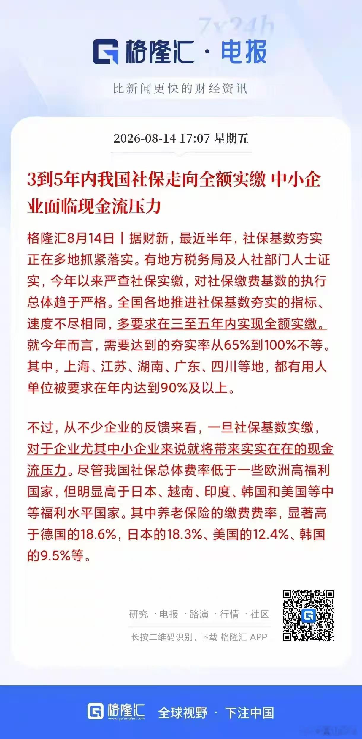 现在中小企业压力确实挺大，社保不但要全缴，而且缴费基数在不断提高。一个员工他到手