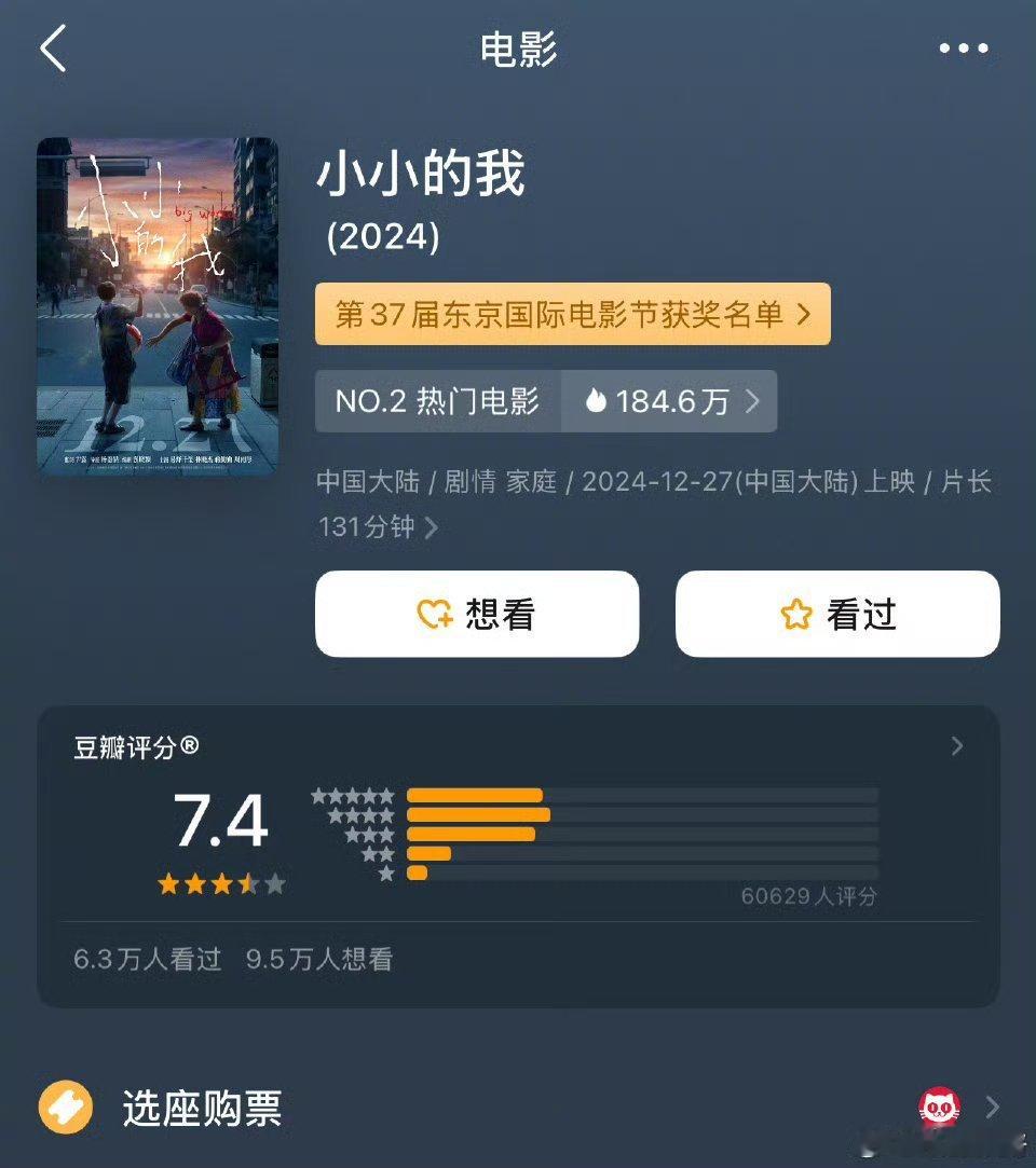 小小的我票房 易烊千玺《小小的我》豆瓣开分7.4，人数6万➕。如果口碑稳住不大崩