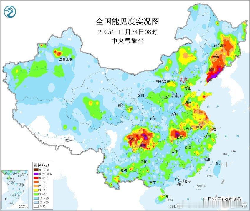 【大雾】今晨在新疆、四川、重庆、湖北、辽宁部分地区出现大雾，局地能见度不足100