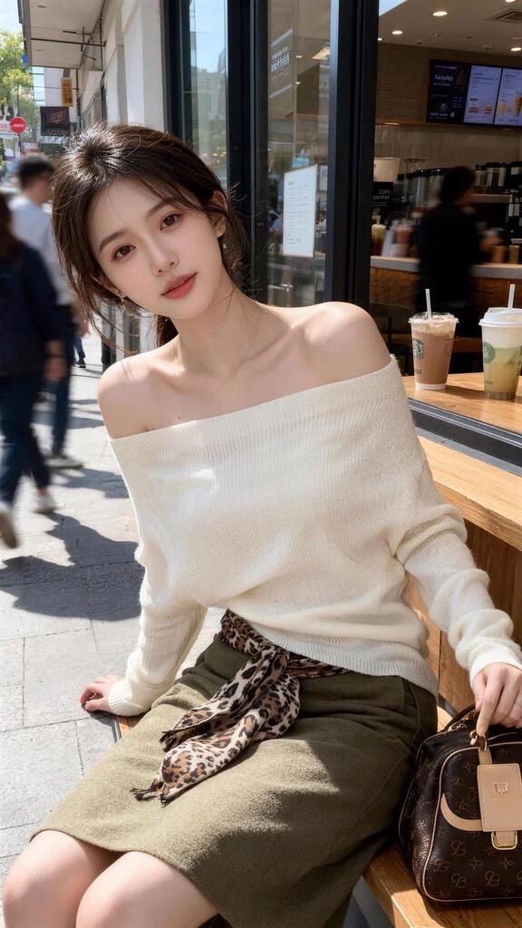 韩风穿搭 韩系穿搭 温柔穿搭 露肩上衣 咖啡馆的日常