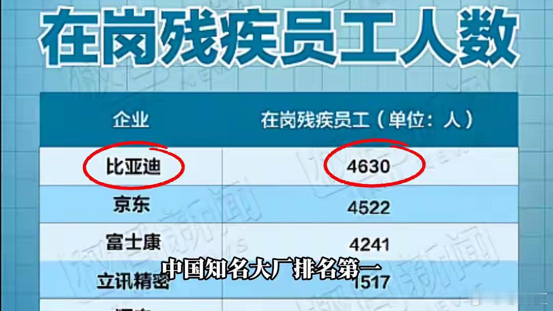 残疾在岗人数，比亚迪居然是第一，就凭这点就该被高高举起