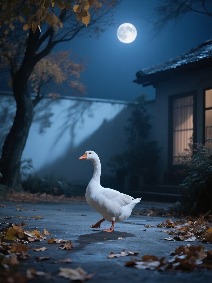 AI妙生图月洒清辉，旧巷秋叶，一只鹅独行其间，在静谧中探寻时光的秘密✨
