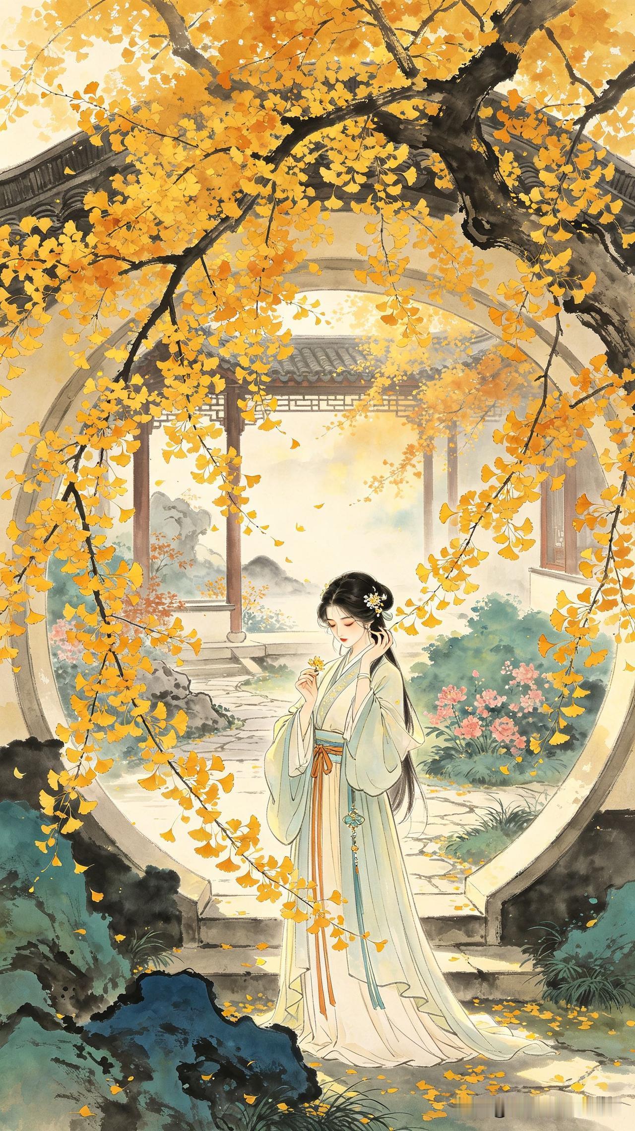 庭前银杏落纷纷，
一树金黄染暮云。
心事如秋深几许，
     
…………请师友
