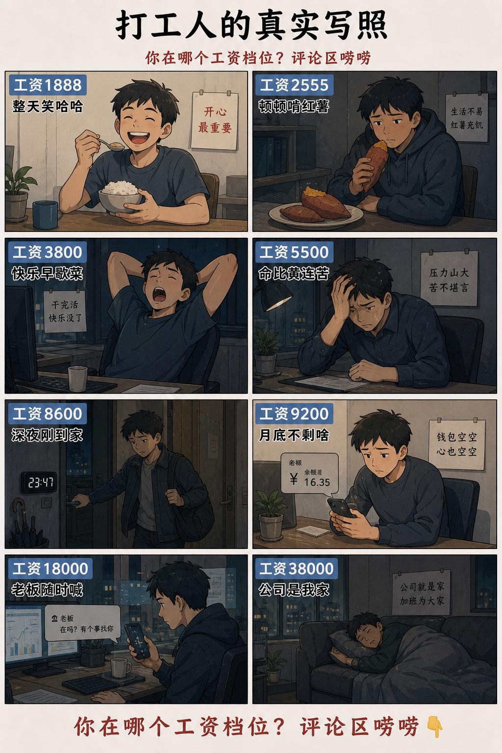工资1888，整天笑哈哈
工资2555，顿顿啃红薯
工资3800，快乐早歇菜
工