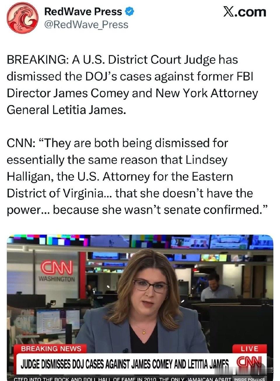 【突发】美国地区法院法官已驳回司法部对前联邦调查局局长James Comey和纽