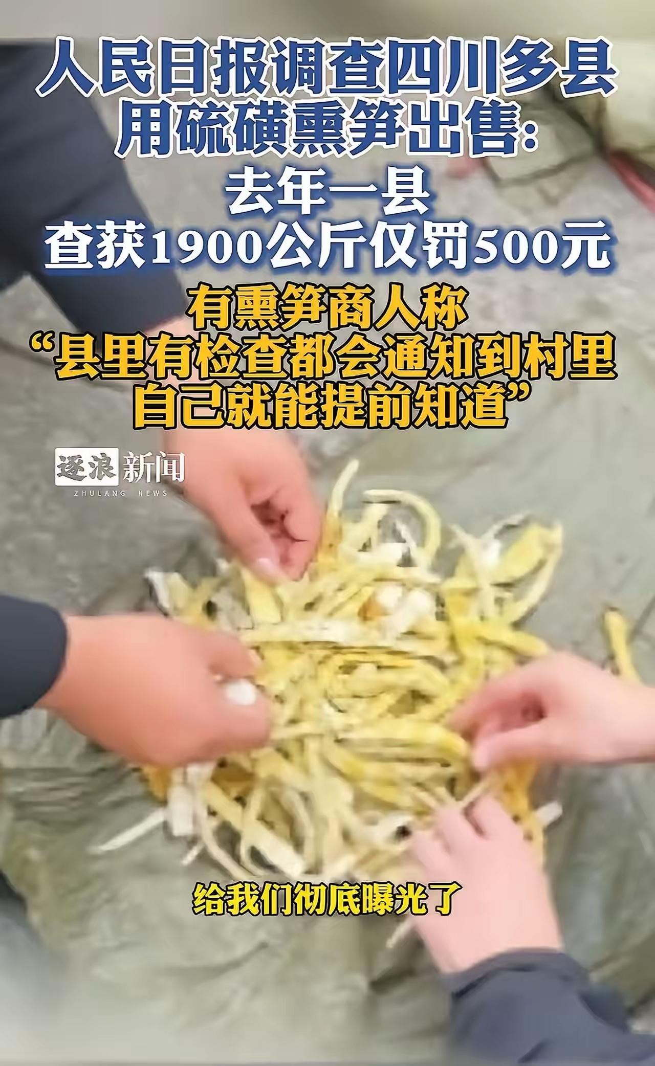 记者暗访四川硫磺熏竹笋，村民大大方方说：“不怕查，山上找都找不到。”去年查获19