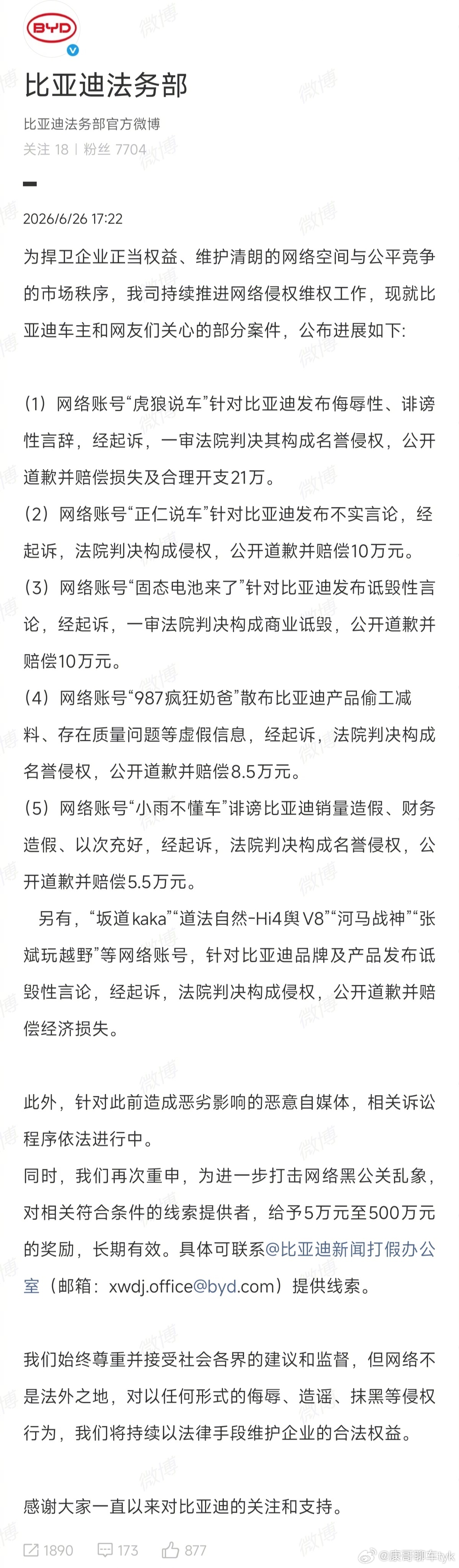 比亚迪法务再次通报多账号被处理比亚迪依法维权，回应网络不实指控，拒绝舆论抹黑，体