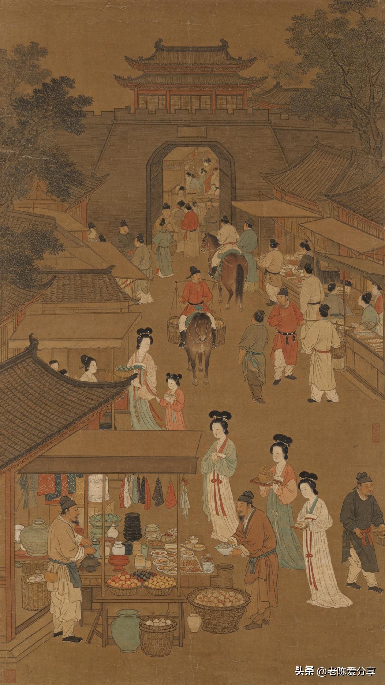鹧鸪天·市井图

坊陌喧阗日影斜，朱楼碧瓦接云霞。
摊前笑语争新果，担上香风卖早