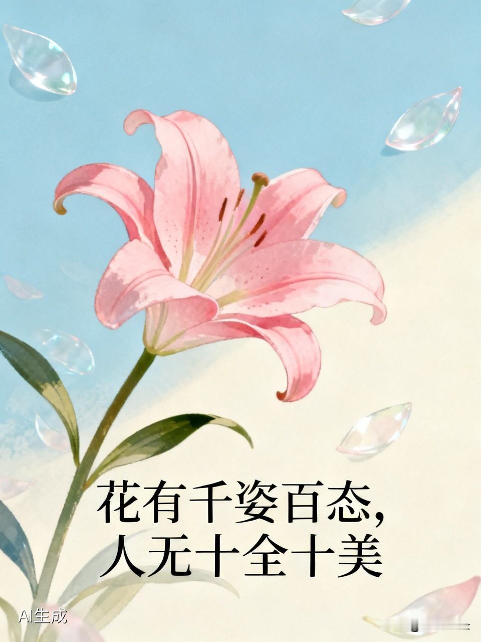 花有千姿百态，人无十全九美。就像花，牡丹娇艳、兰草清雅、玫瑰热烈、秋菊淡泊，各有