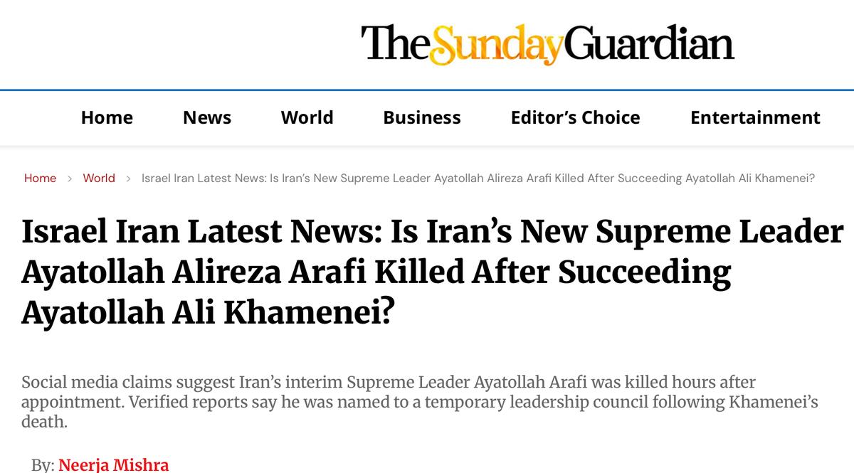 【伊朗临时最高领袖刚上任几小时被杀？】

根据印度“星期日卫报”的报道称，3月2
