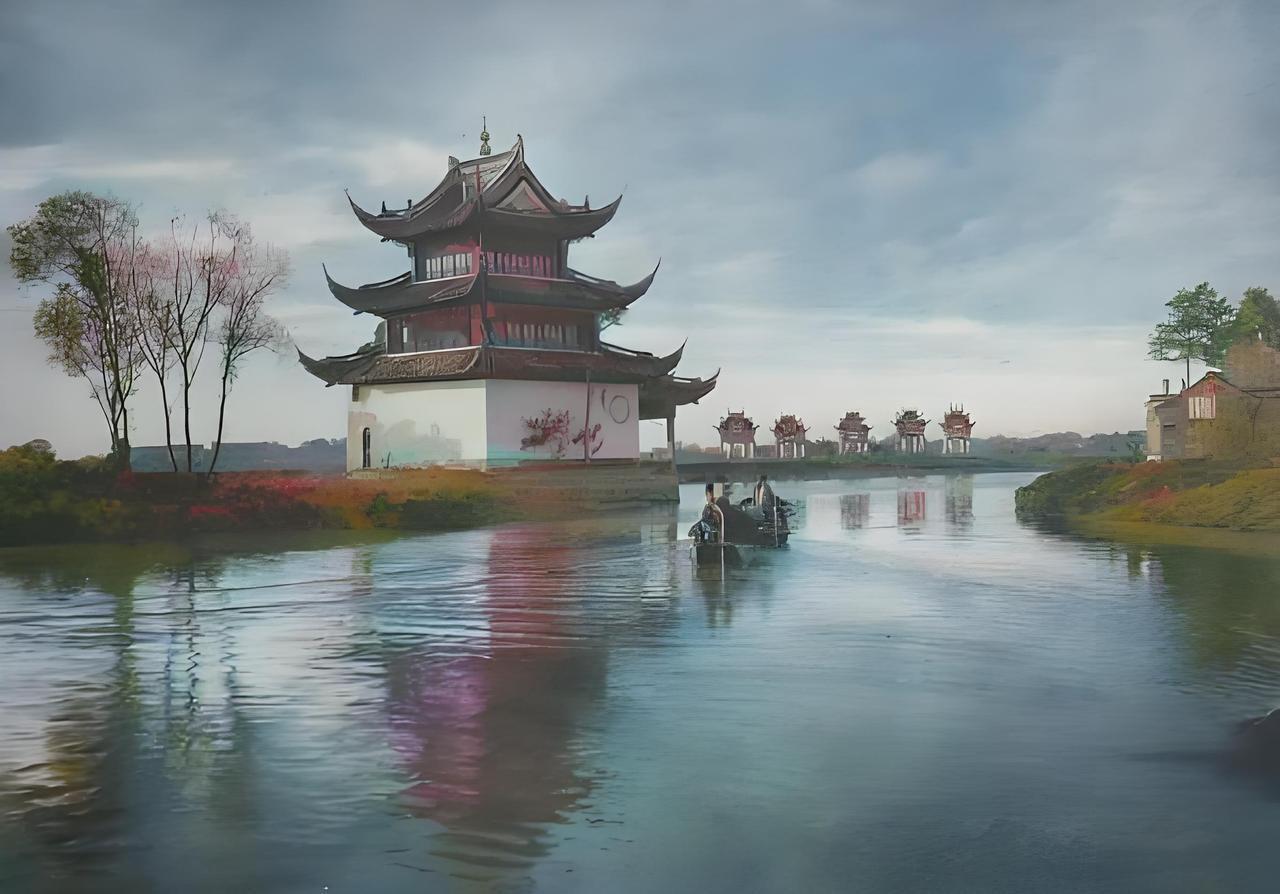 这张老照片里的江南水乡黄昏，真跟幅水墨画似的——夕阳把云彩染成灰扑扑的紫色，水面