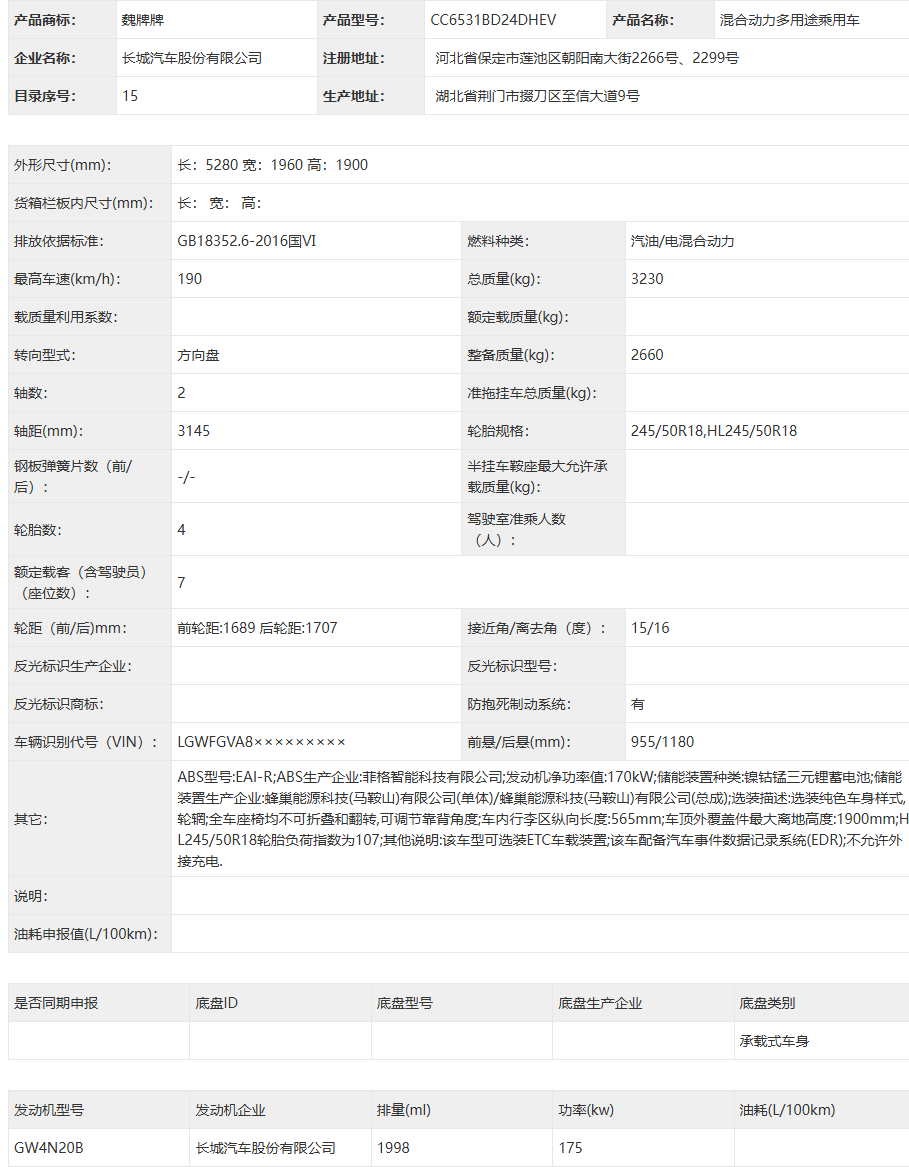 【长城魏牌全新高山 8 申报：前脸设计焕新，Hi4 混合动力】长城魏牌全新高山 