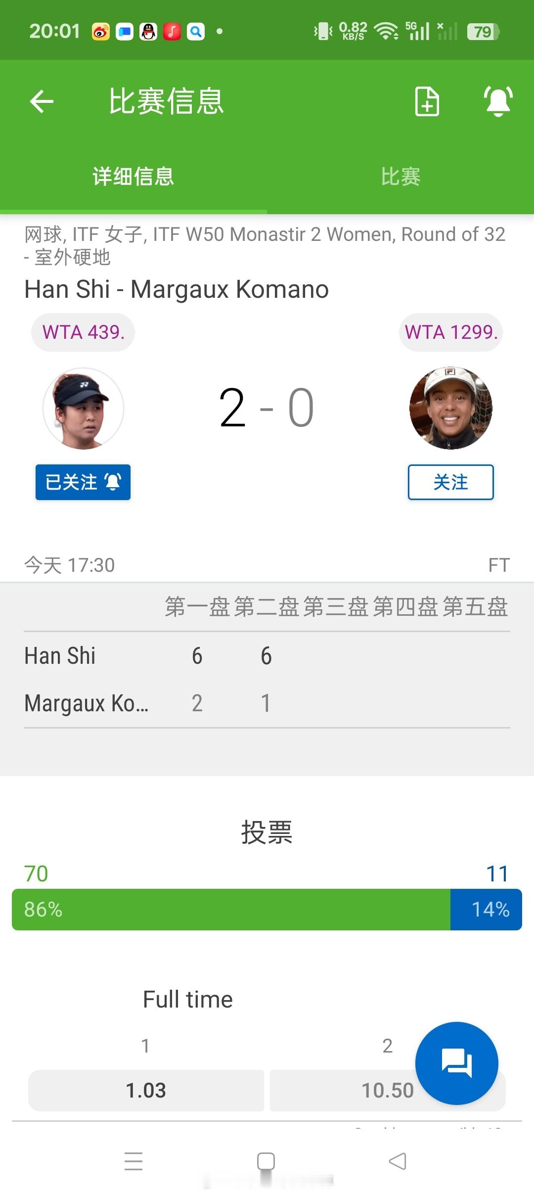 小花小草资讯【莫纳斯提尔W50】女单首轮从资格赛突围的施晗🇨🇳6-2/6-1