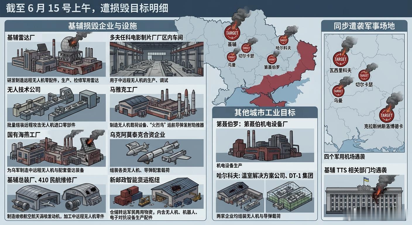 消息截至 6 月 15 号的上午，遭损毁目标明细如下：基辅损毁企业与设施基辅雷达