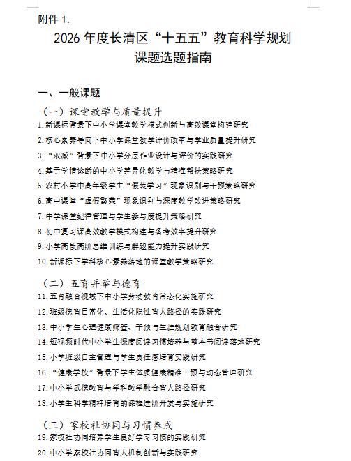 近日，2026年度长清区“十五五”教育科学规划课题选题指南公布了，部分选题如下：