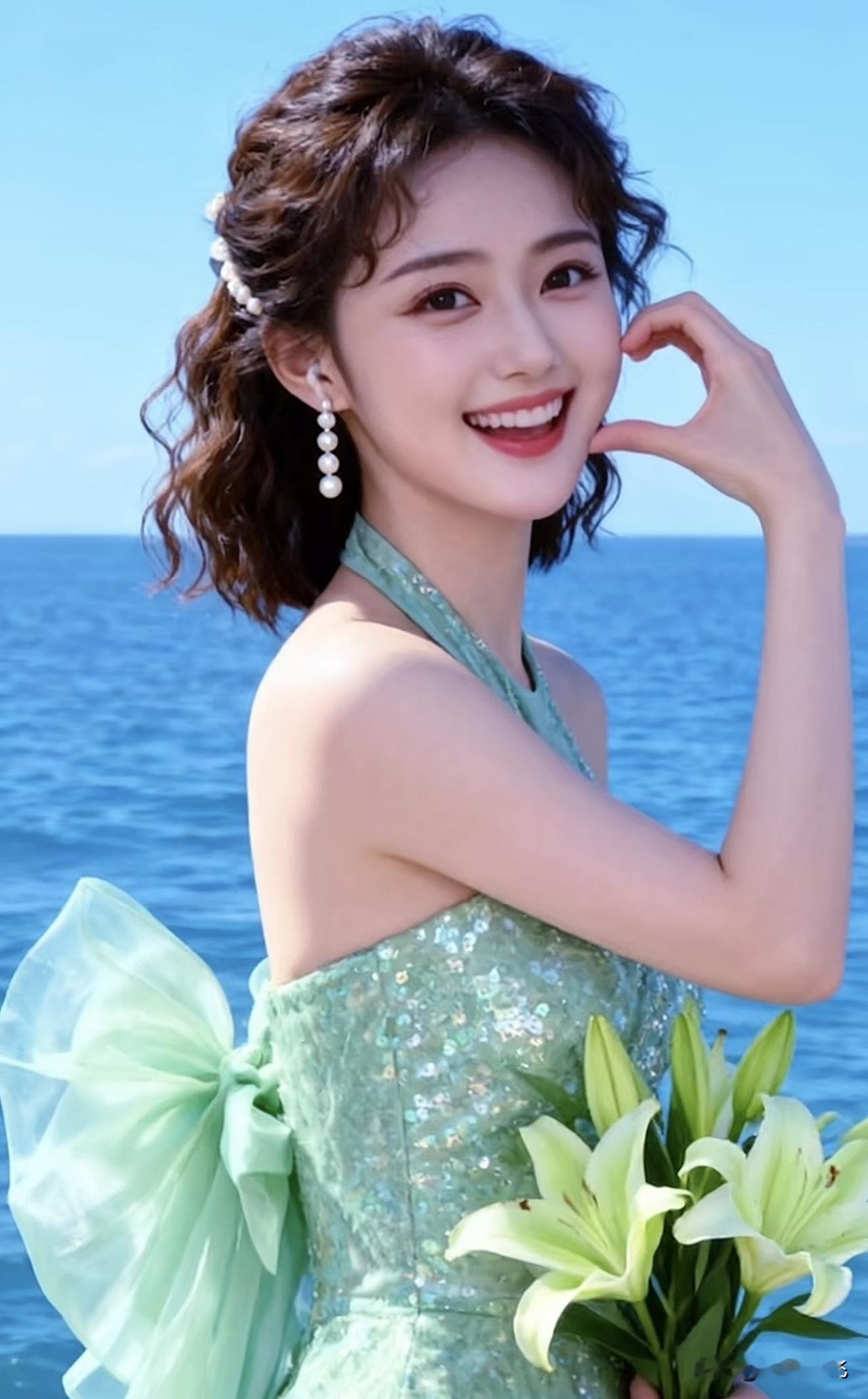 海边少女，微笑如花，海风轻拂，幸福满满海边元气少女 海边温柔女神 沙滩海浪美少女