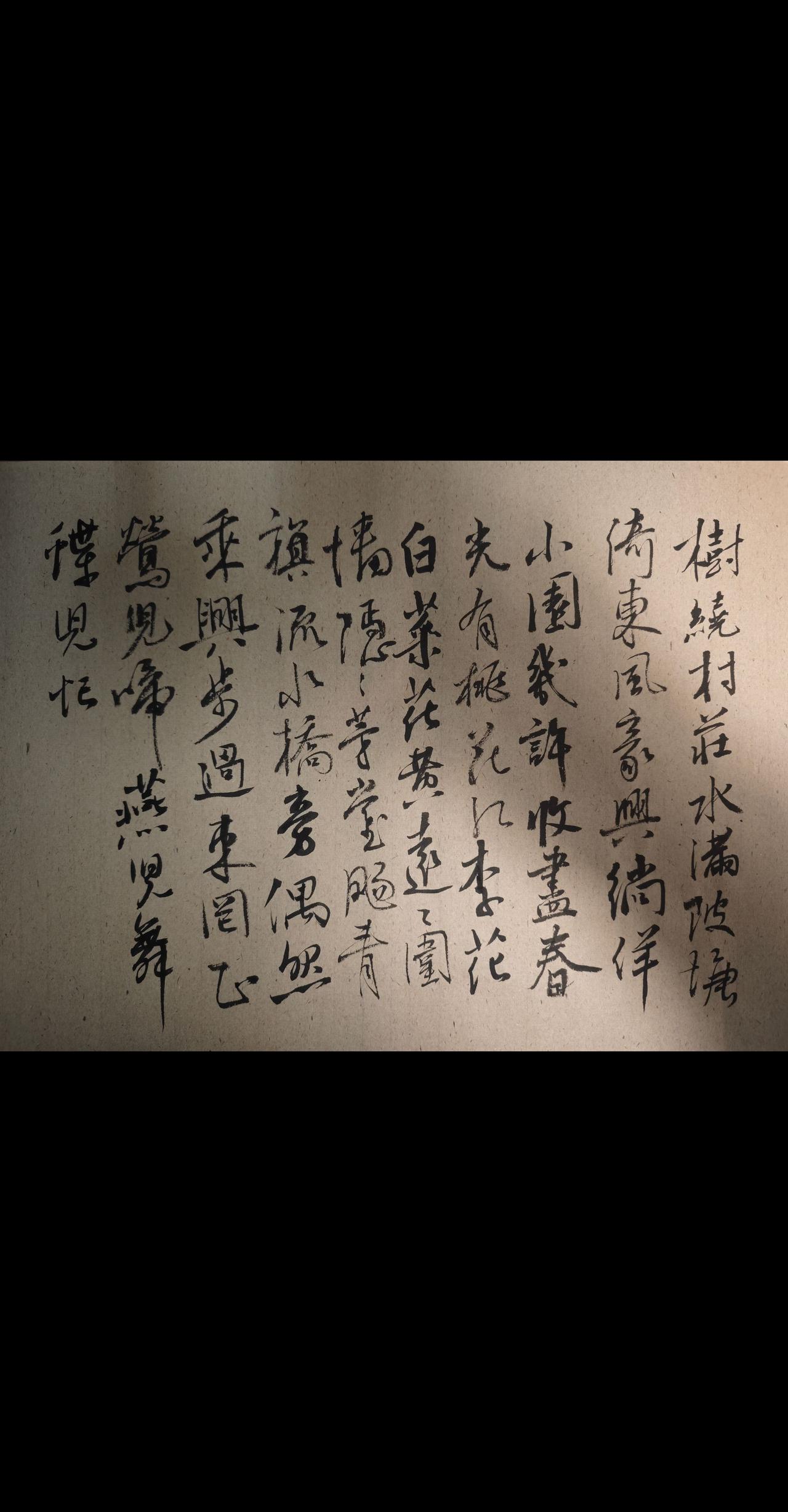 树绕村庄，水满陂塘。倚东风，豪兴徜徉。小园几许，收尽春光。有桃花红，李花白，菜花