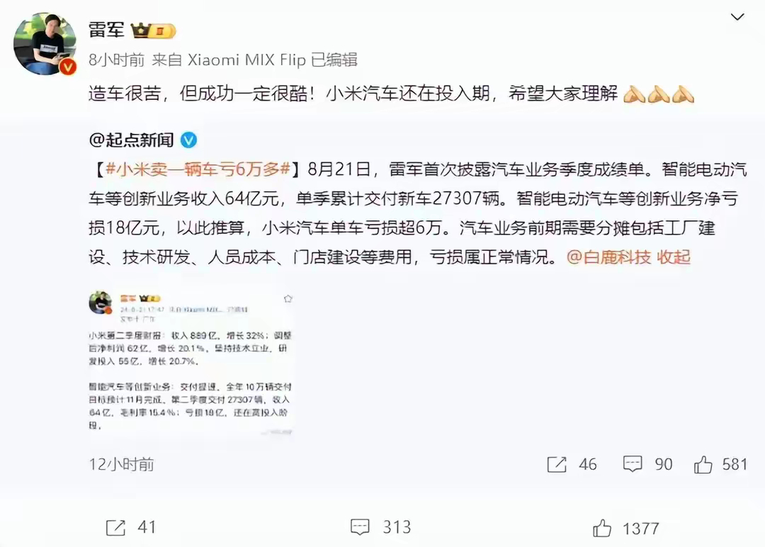 小米汽车卖一辆亏3万 之前亏6万，如今亏3万，米粉功不可没啊！[笑而不语] 