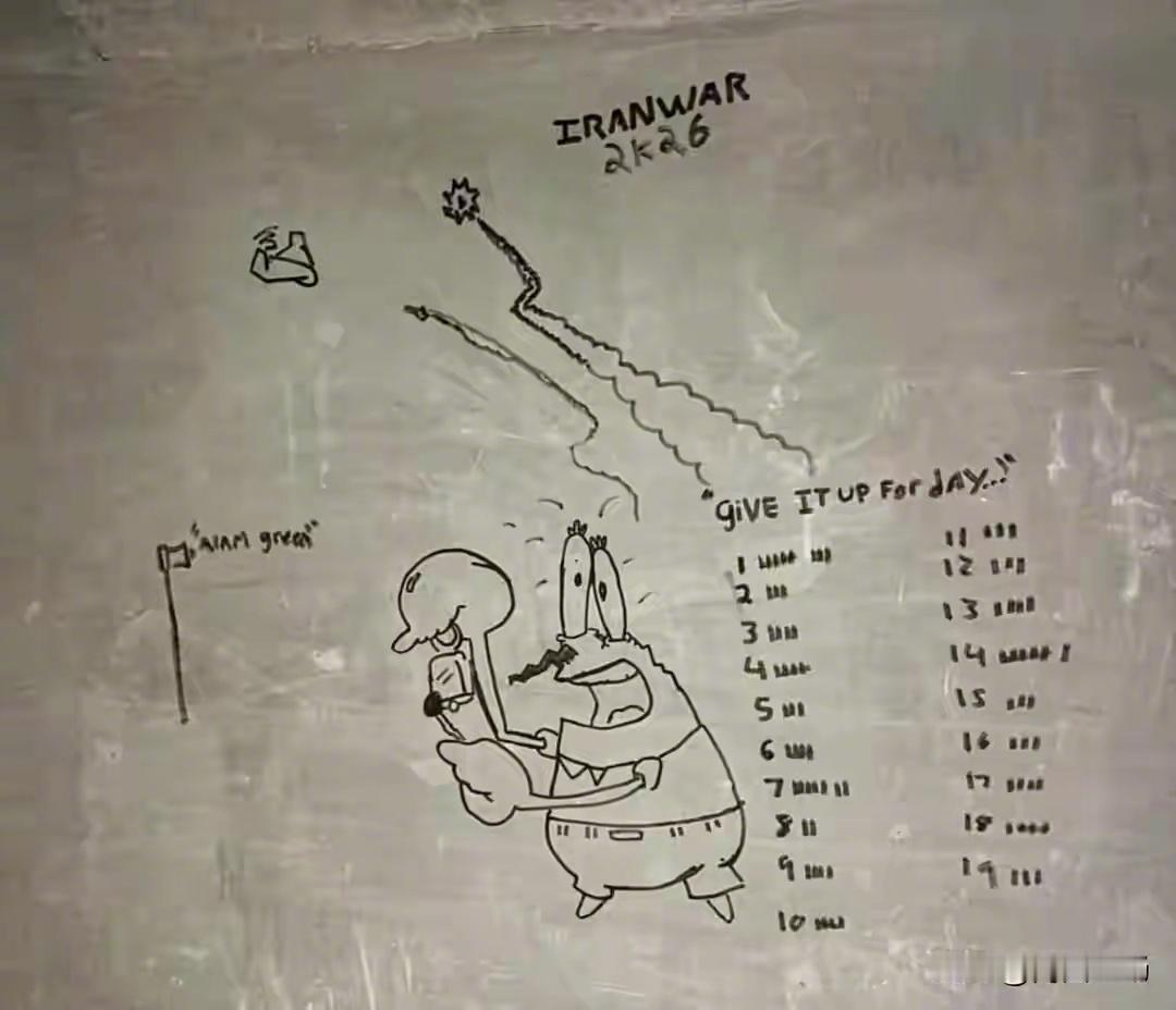 疑似美军士兵在中东美军基地的防空洞里，画海绵宝宝里的蟹老板，来记录伊朗导弹和无人