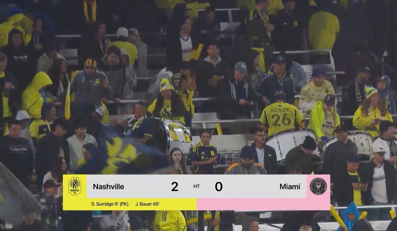 梅西领衔的迈阿密国际半场0-2落后纳什维尔，要不是门将里奥斯的神勇发挥，迈阿密国