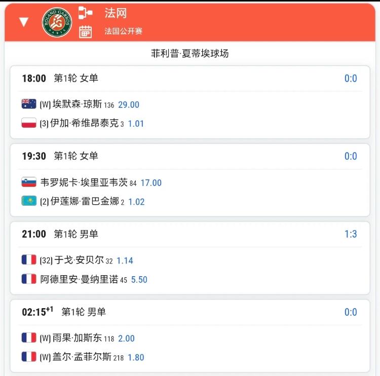 5月25日法网好看比赛多多！！
今天一众TOP10登场，但必看的比赛是17:00