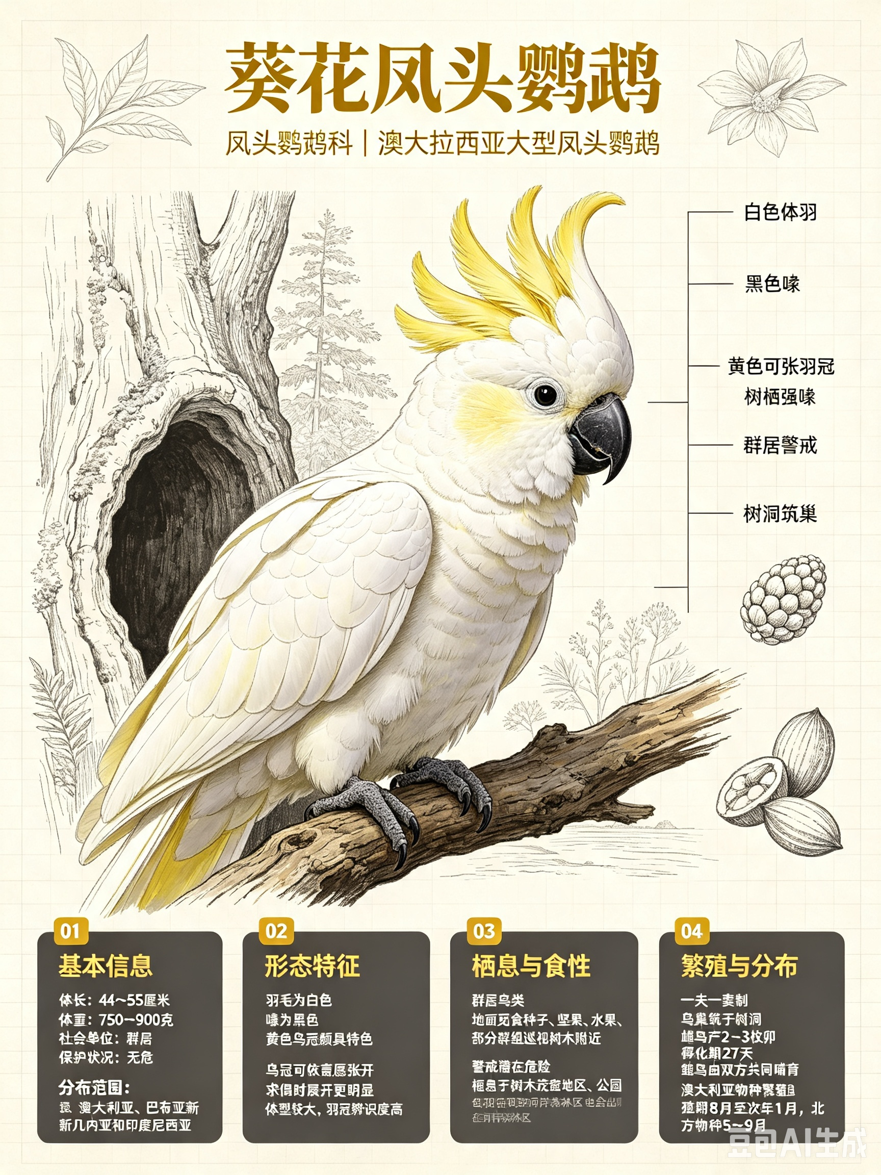 鸟类朋友图鉴 葵花凤头鹦鹉体长：44~55 厘米体重：750~900 克社会单位
