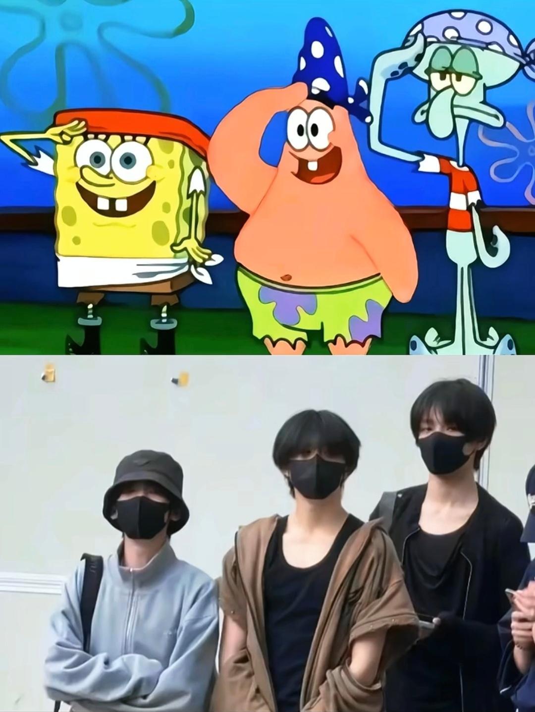 他们仨 一对比简直一模一样 性格也是比奇堡三人组belike奇：诶！我知道个好玩