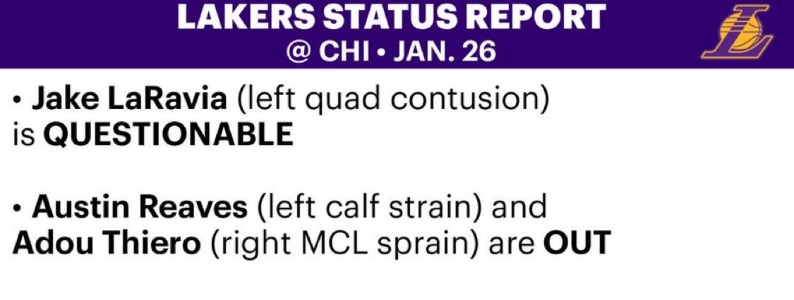 湖人对阵公牛：拉拉维亚（左大腿挫伤）出战成疑；里夫斯（左小腿拉伤）、蒂耶罗（右膝