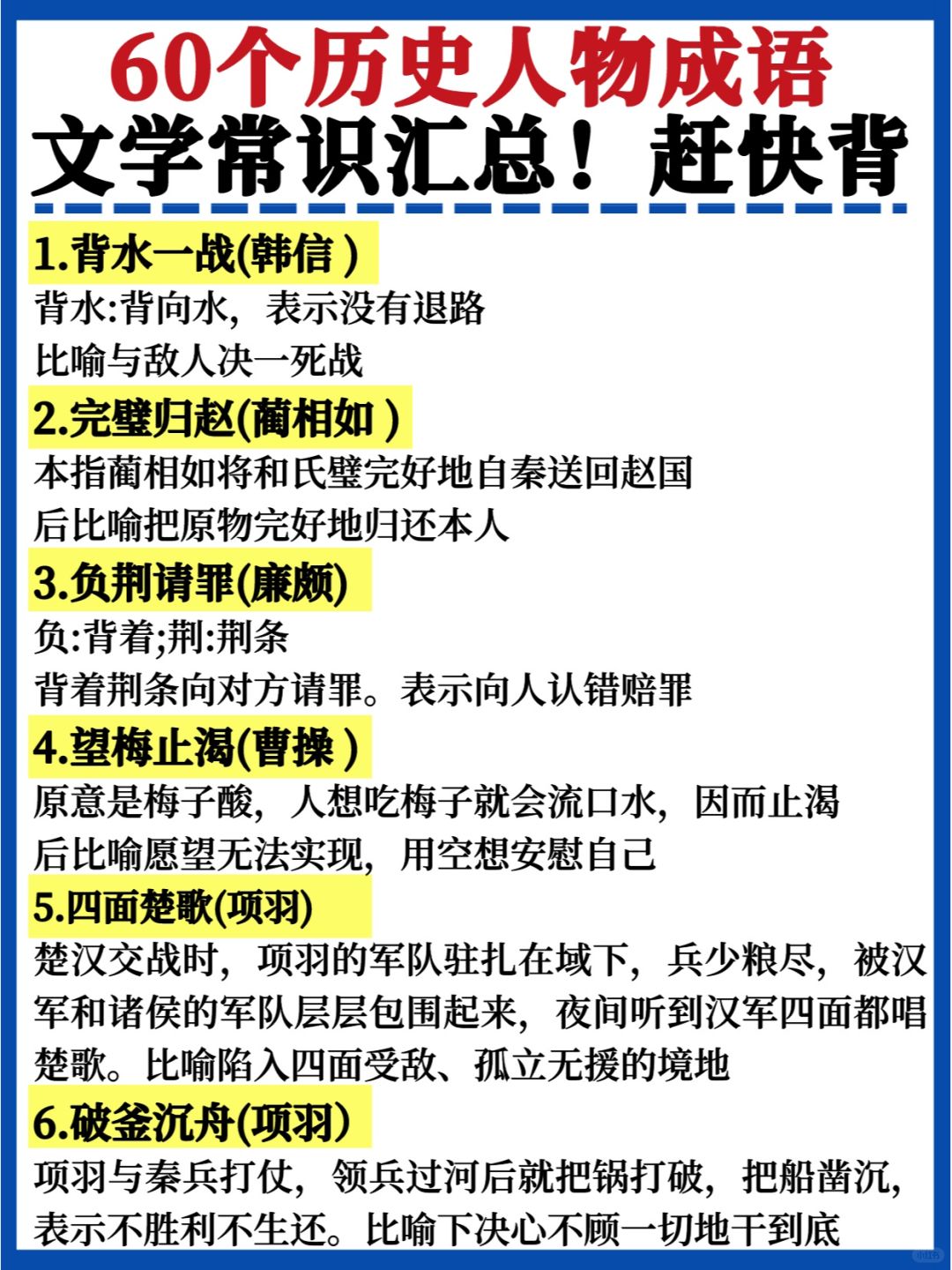 背🔥60个历史人物成语✅文学常识必考内容